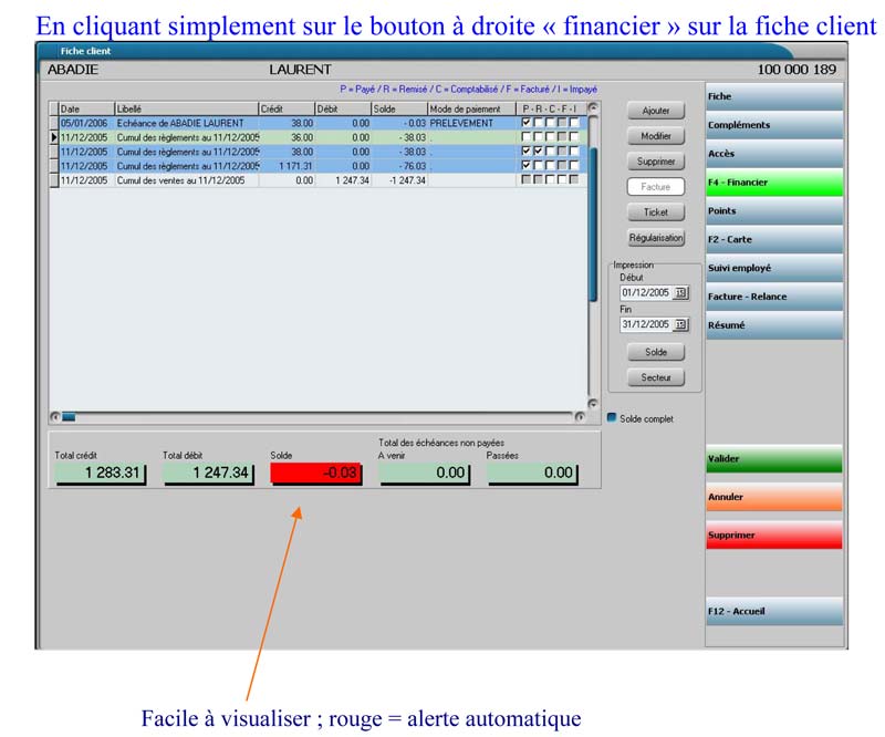 Solde client avec alerte au passage